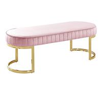 Elegante banco de entrada tapizado de terciopelo, taburete cambiador de zapatos rosa suave, reposapiés acolchado compacto con base de metal, 39 x 15 x 16 pulgadas para decoración del hogar