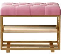 Elegante banco de zapatos de entrada con cojín de franela, estante de almacenamiento de doble capa y taburete cambiador, marco de hierro forjado, perfecto para zapatos y nización al final de la cama