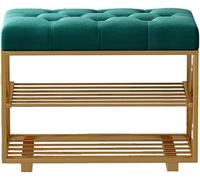 Elegante banco de zapatos de entrada con cojín de franela, estante de almacenamiento de doble capa y taburete cambiador, marco de hierro forjado, elegante zapato de extremo de cama