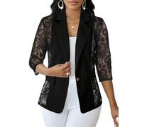 Elegante Blazer Mujer - Chaqueta De Encaje para Mujer Chaqueta De Un Botón con Encaje Floral Y Retazos Elegante Ajustada con Mangas 3/4 Ligera De Verano De Malla Transparente Color Negro S