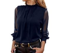 Elegante blusa de gasa con cuello alto, fluida, camiseta para mujer, blusa de manga corta, camiseta blanca, top de verano, ropa de senderismo, camiseta, marine, S