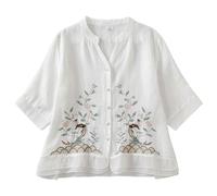 Elegante Blusa De Lino Bordada Para El Verano, Tops De Las Mujeres Camisetas Mujer Camiseta Cuello V Mis Suscripciones Mostrar Gran Tamaño Camiseta Verano Tops Lino Camisa Blusas, Blanco, XXL