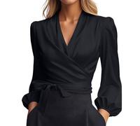 Elegante blusa de satén con lazo frontal para cinturón y manga fluida con cuello en V profundo, Le Noir, XL