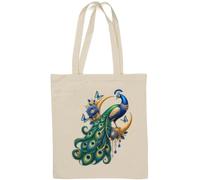 Elegante bolsa de algodón natural con diseño de pavo real posado en media luna dorada, color blanco