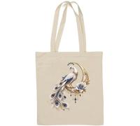 Elegante bolsa de algodón natural de pavo real con joyas azules, color blanco