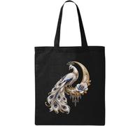 Elegante bolsa de algodón natural de pavo real con joyas azules, color negro
