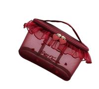 Elegante bolsa de cosméticos de nailon con costuras de corazón, organizador de diseño de múltiples bolsillos para belleza, esencial para viajes, organizador con compartimentos, Grande, rojo, Talla