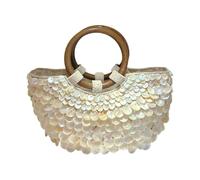 Elegante bolsa de playa tejida adornada con asa de madera, bolsa de vacaciones para viajes o salidas nocturnas a la playa con mango de madera