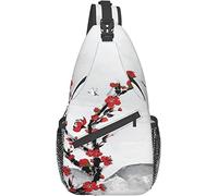 Elegante bolso bandolera de pecho asiático japonés rojo flor de cerezo en montaña con grulla blanca, mochila de hombro cruzada ajustable bolso de pecho ligero casual mochila para hombres mujeres al ai