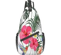 Elegante bolso bandolera de pecho floral hermoso colorido colibrí hojas de palma hibisco flores tropicales acogedor, bandolera mochila de hombro ajustable bolso de pecho ligero casual mochila para hom