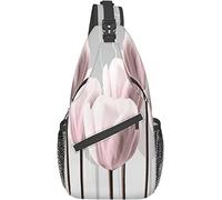 Elegante bolso bandolera de pecho floral moderno elegante diseño de flores de tulipán rosa estampado artístico, mochila de hombro cruzada ajustable bolso de pecho ligero casual mochila para hombres mu