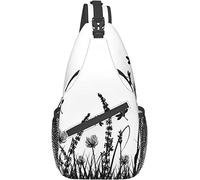 Elegante bolso bandolera de pecho naturaleza hierba arbusto pradera silueta con libélulas volando plantas de jardín de primavera, bandolera bandolera ajustable bolso de pecho ligero casual mochila par