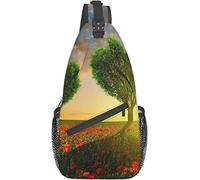 Elegante bolso bandolera para el pecho, amapola, árboles en forma de corazón, puesta de sol, cielo nublado, rural, romántico, amor, prado, día de San Valentín, mochila de hombro cruzada, bolso de pech