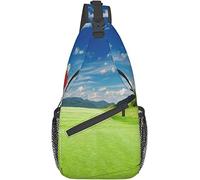 Elegante bolso bandolera para el pecho, bandera de campo de golf, montaña, cielo azul, escena al aire libre, deportes, bandolera, mochila ajustable para el pecho, ligero, informal, para hombres y muje