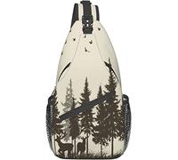 Elegante Bolso Bandolera para el Pecho Ciervo en el Bosque Cabina Niebla Pájaro Montaña Caza Tema Amarillo y café País Alce, Mochila de Hombro Cruzada Bolso de Pecho Ajustable Mochila Informal Ligera