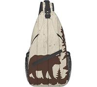 Elegante bolso bandolera para el pecho con animales salvajes, cabaña rústica, bosque, oso, estampado de pata, tabla de madera, mochila de hombro cruzada, bolso de pecho ajustable, ligero, informal, pa