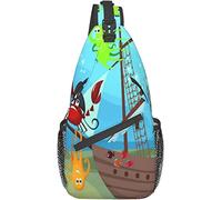 Elegante bolso bandolera para el pecho con dibujos animados de barco bajo el mar, animales marinos descubiertos, cofre del tesoro, aventura marina, mochila de hombro cruzada, bolso de pecho ajustable,