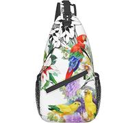 Elegante bolso bandolera para el pecho con diseño de loros exóticos, hermosa rama de flores, brillante, colorido, naturaleza, arte de animales salvajes, mochila de hombro cruzada, bolso de pecho ajust