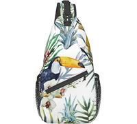 Elegante bolso bandolera para el pecho con diseño de pájaro tropical, palmera, acuarela, pino, bandolera, bandolera, ajustable, ligero, informal, para hombres, mujeres, deportes al aire libre, ciclism