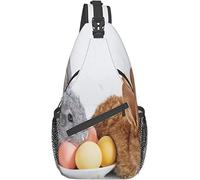 Elegante bolso bandolera para el pecho con dos conejos de Pascua en gris y marrón con flores y huevos de primavera, mochila cruzada para el hombro, bolso de pecho ajustable, ligero, informal, para hom