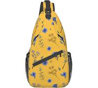 Elegante bolso bandolera para el pecho con flores azules, diseño floral de jardín botánico con hojas azules sobre fondo amarillo, mochila de hombro cruzada, bolso de pecho ajustable, ligero, informal,