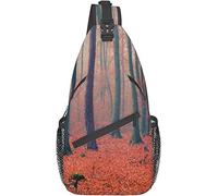 Elegante bolso bandolera para el pecho con hojas de troncos de árboles de bosque neblinoso en ricos colores otoñales, paisaje idílico, mochila de hombro cruzada, bolso de pecho ajustable, mochila info