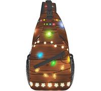 Elegante bolso bandolera para el pecho con luces de Navidad brillantes, fondo dibujado a mano de madera, mochila cruzada para el hombro, bolso ajustable para el pecho, ligero, informal, para hombres y