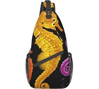 Elegante bolso bandolera para el pecho, diseño de caballito de mar, vida marina, morado, naranja, dorado, caballito de mar, animales del océano, mochila de hombro cruzada, bolso de pecho ajustable, li