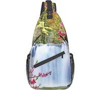 Elegante bolso bandolera para el pecho, diseño de cascada, lago, flor de melocotón, rama, país de las maravillas, naturaleza escénica, mochila de hombro cruzada, bolso de pecho ajustable, ligero, info