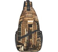Elegante bolso bandolera para el pecho Old Western Town Rústico Tienda general Puerta delantera Casa de madera Poste Barril redondo Campo, Mochila de hombro cruzada Bolso de pecho ajustable Mochila in