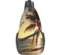 Elegante bolso bandolera para el pecho, playa, puesta de sol, tropical, hawaiano, costa, palmera, ola, naturaleza, paisaje, negro, amarillo, bandolera, bandolera, ajustable, ligero, informal, para hom