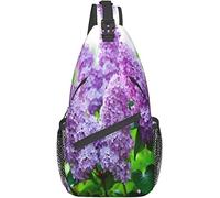 Elegante bolso bandolera para el pecho, rama de arbusto azul, primavera, lila, flores, árbol verde, primer plano, mochila de hombro cruzada, bolso de pecho ajustable, mochila informal ligera para homb