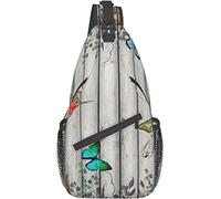 Elegante bolso bandolera para el pecho Rústico Acuarela Girasol Mariposas Colibrí Vintage Tablón de madera Flores amarillas Hojas verdes Primavera Floral Planta Naturaleza Paisaje Vida en el campo, Mo