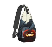 Elegante Bolso Cruzado en el Pecho Compatible con Halloween Full Moon Evil Pumpkin Raven Pattern Sling Shoulder Backpack para Mujer, Ajustable y cómodo Saco de Gimnasio, antirrobo Ciclismo Senderismo