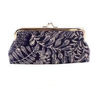 Elegante bolso largo de lona con patrón de hojas, portátil, para mujer, con cierre de beso, monedero, azul oscuro, 1 unidad