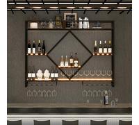 Elegante botellero de pared de metal con soporte para vidrio y luz LED, estante flotante para almacenamiento de vino y champán, soporte para botellas de vino (negro, 140 x 15 x 80 cm)