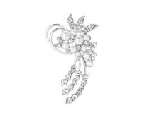 Elegante broche floral para mujeres y niñas, pin de solapa en cascada de diamantes de imitación y perlas, joyería de ramo de flores de aleación delicada para vestidos y trajes, Medium, Metal