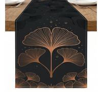 Elegante camino de mesa de hojas de ginkgo, decoración minimalista moderna de comedor negro y dorado para reuniones de otoño y celebraciones de Acción de Gracias, 33 x 183 cm