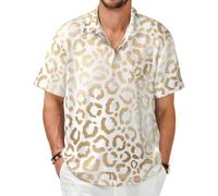 Elegante Camisa de Manga Corta para Hombre, Color Dorado y Blanco, con Estampado de Leopardo y Guepardo, Ideal para el Verano. Camiseta Ligera para Adultos.,As Shown,4XL