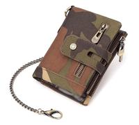Elegante cartera de tela Oxford con bolsillo para monedas con cadena de seguridad de metal y bolsillos con cremallera para tarjetas de viaje, cartera de cadena antirrobo de metal, camouflage