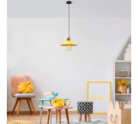 Elegante chandelier amarillo con cuerpo de metal y base de madera, 103 x 24 cm, altura ajustable, casquillo E27, perfecto para decoración e iluminación del hogar moderna