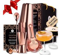 Elegante coctelera Profesional con 2 Vasos Cocktail de Martini. Juego de Coctelera de Oro Rosa, Accesorios de cóctel y Copas de cóctel. Preciosa Caja de Regalo + Guia de Recetas del Mixólogo