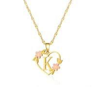 Elegante collar de acero de titanio con 26 letras, colgante de encaje de corazón y flor con cadena de ondas de agua para un uso cómodo (K)