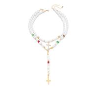 Elegante collar de perlas y cruces de línea geométrica para viajeros contemporáneos, estilo francés, retro, unisex, ajustable, collar de perlas y cruces