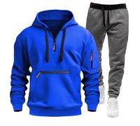 Elegante conjunto casual de dos piezas para hombre en color sólido, sudadera con capucha y cremallera de un cuarto y pantalones deportivos de ajuste relajado, azul, M