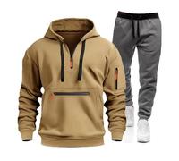 Elegante conjunto casual de dos piezas para hombre en color sólido, sudadera con capucha y cremallera de un cuarto y pantalones deportivos de ajuste relajado, caqui, L