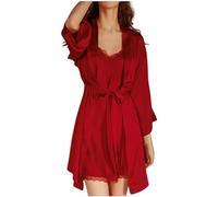 Elegante conjunto de camisón de satén para mujer con bata, pijama, dos piezas disponibles, rojo, L