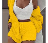 Elegante conjunto de ropa de dormir casual para mujer de 3 piezas con una cómoda camiseta sin mangas y pantalones cortos (M amarillo)