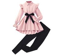 Elegante Conjunto Dos Piezas Niñas Blusa Manga Larga Detalle Falda Acampanada Pantalones Ajustados Invierno Otoño Moda Infantil Femenina (11-12 Years)