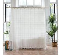 Elegante cortina de ducha de lino y algodón a cuadros, lavable, decoración de baño con borlas, 183 x 200 cm, elegante cortina blanca para decoración del hogar